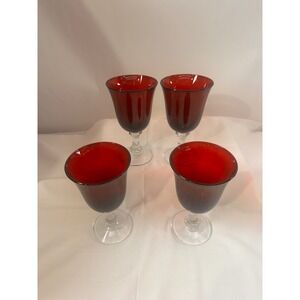 4 Ruby Red Water Goblets Heavy Clear Stem Glass set of 4  7.25 Inch